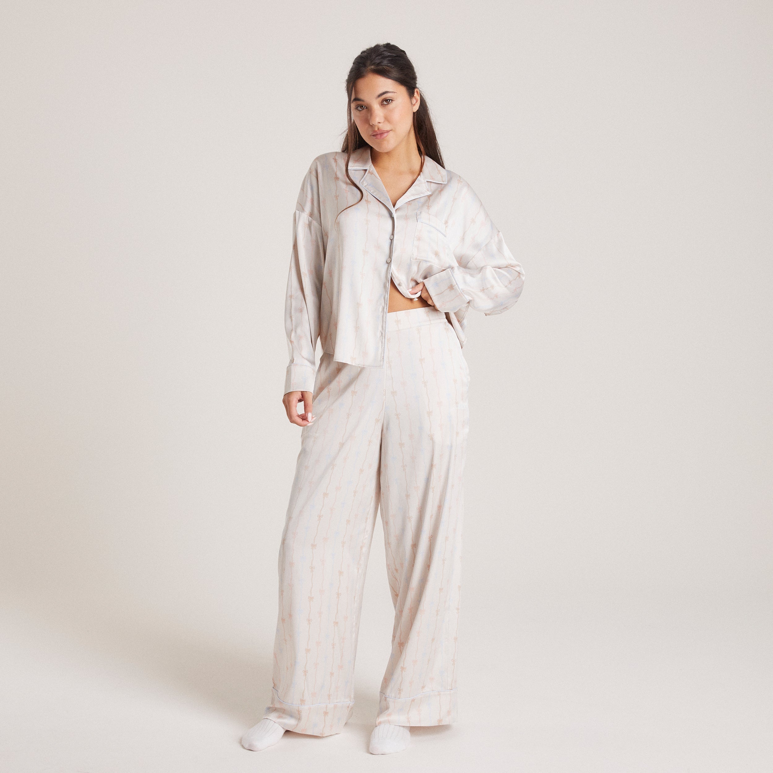Bow Satin Pajama Pants - Pearl