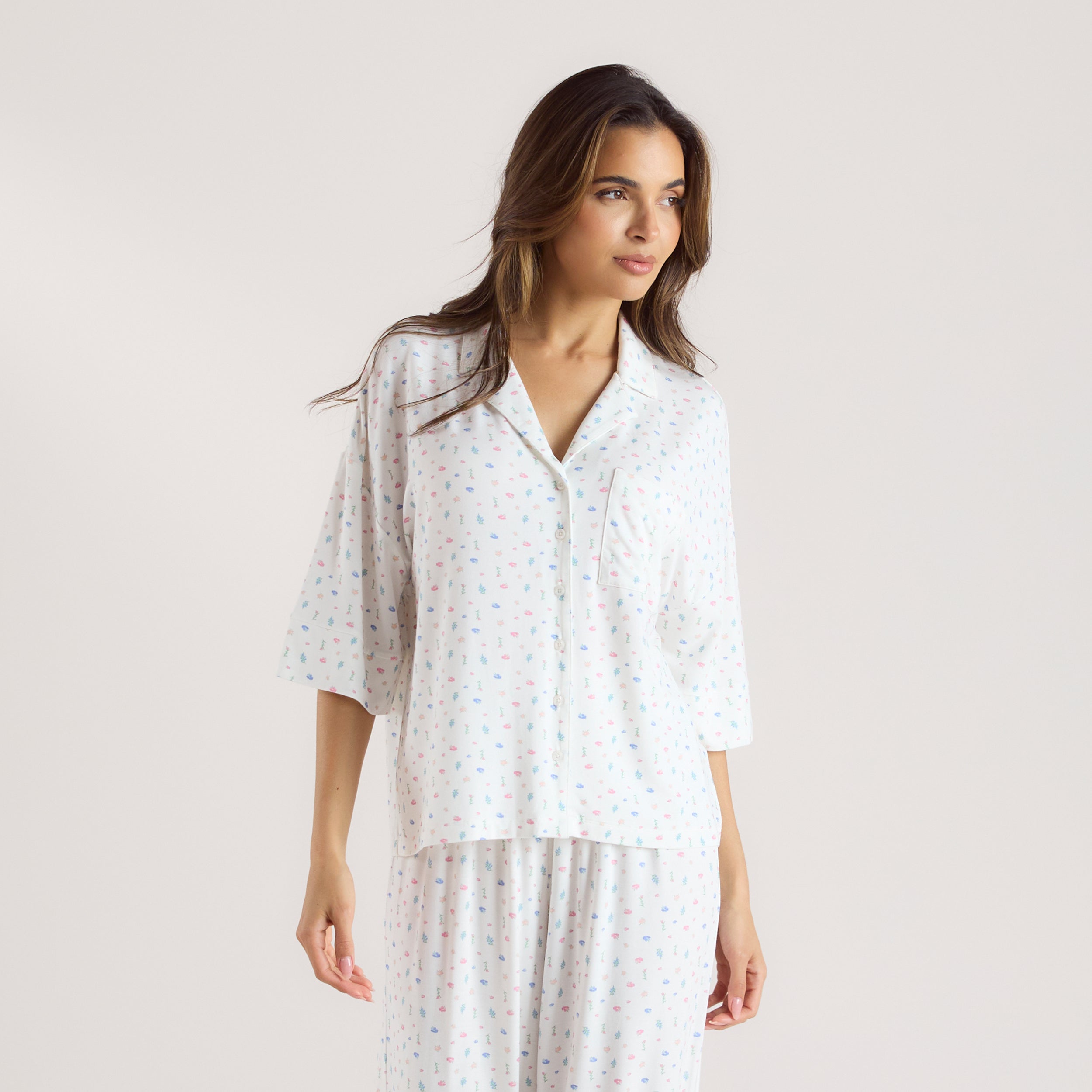 Modal Short Sleeve Pajama Shirt - White Floral