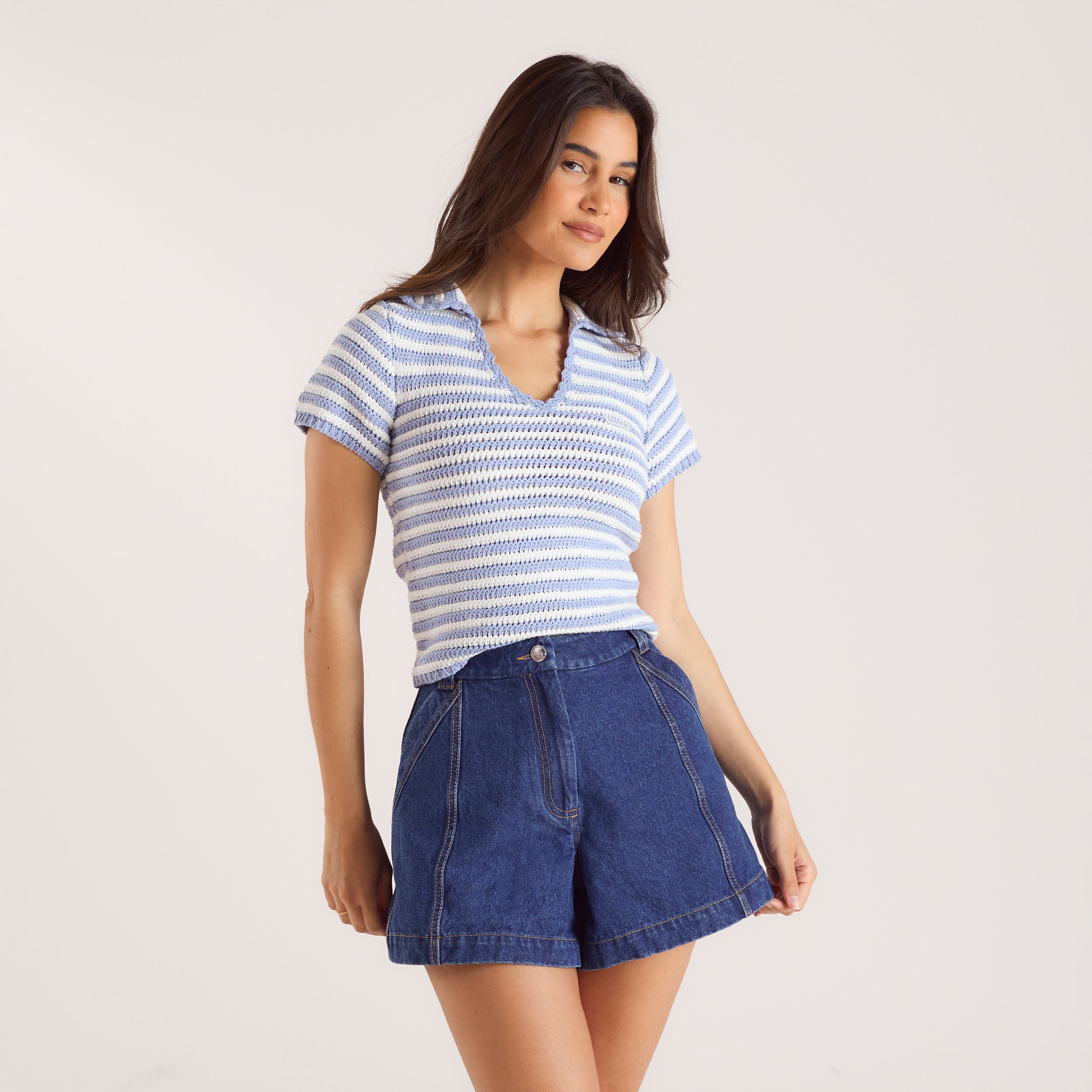 Crochet Polo Top - Blue Stripe