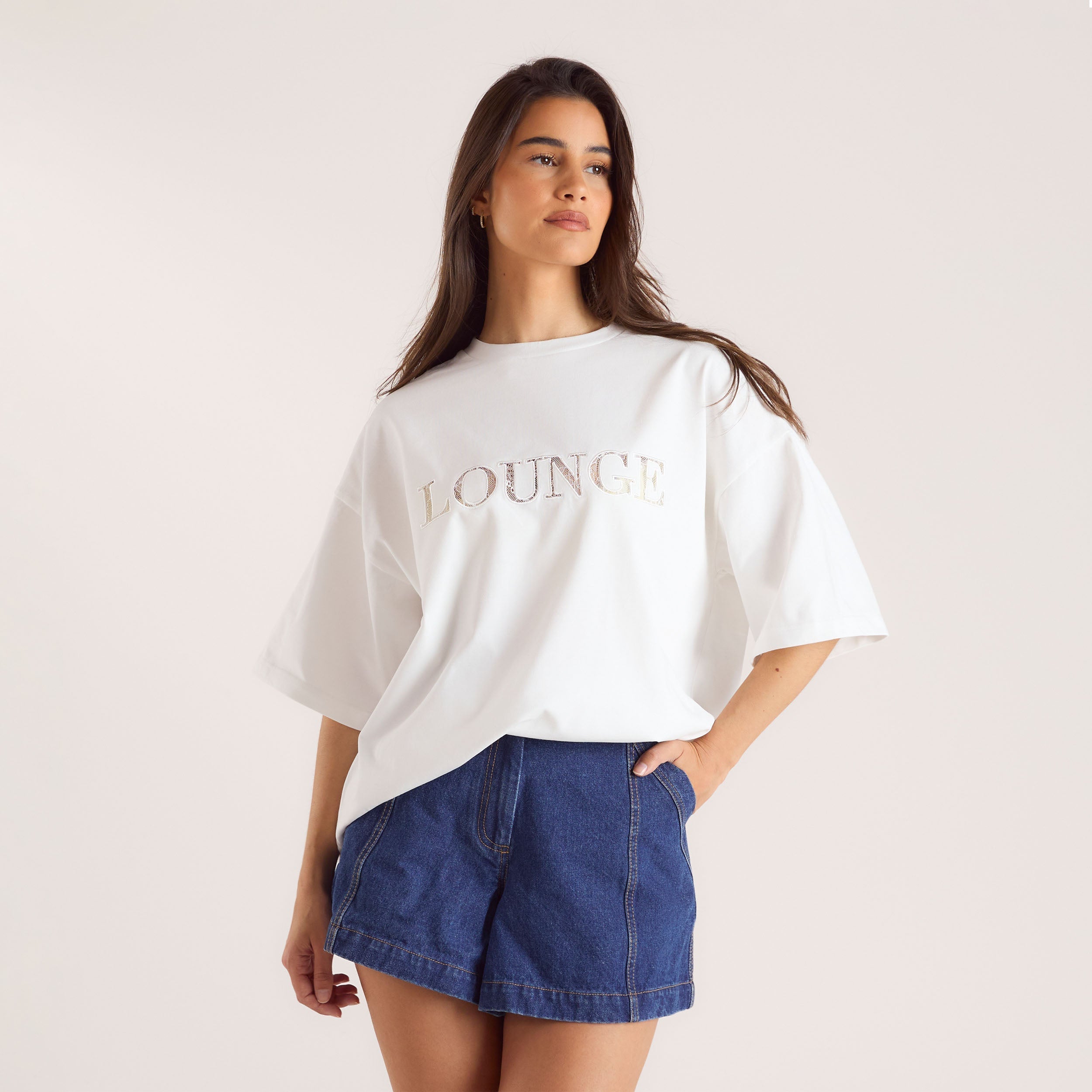 Oversized Lace Appliqué T-Shirt - White