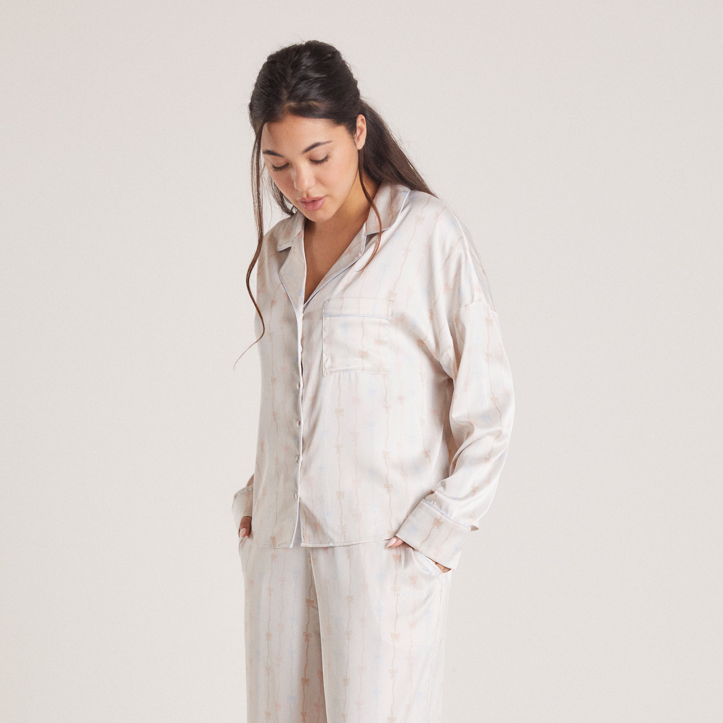 Bow Satin Pajama Shirt - Pearl